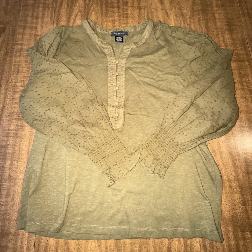 Design History Women's Woven Long Sleeve Green Pullover Blouse Knit Top XL